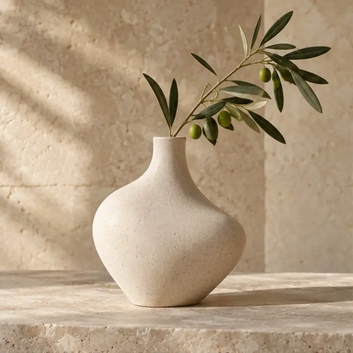 Sculptural ceramic vase and olive branch in a warm stone setting