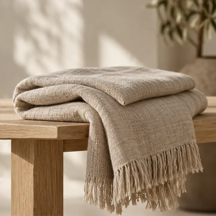 Soft natural linen throw arranged over an oak bench